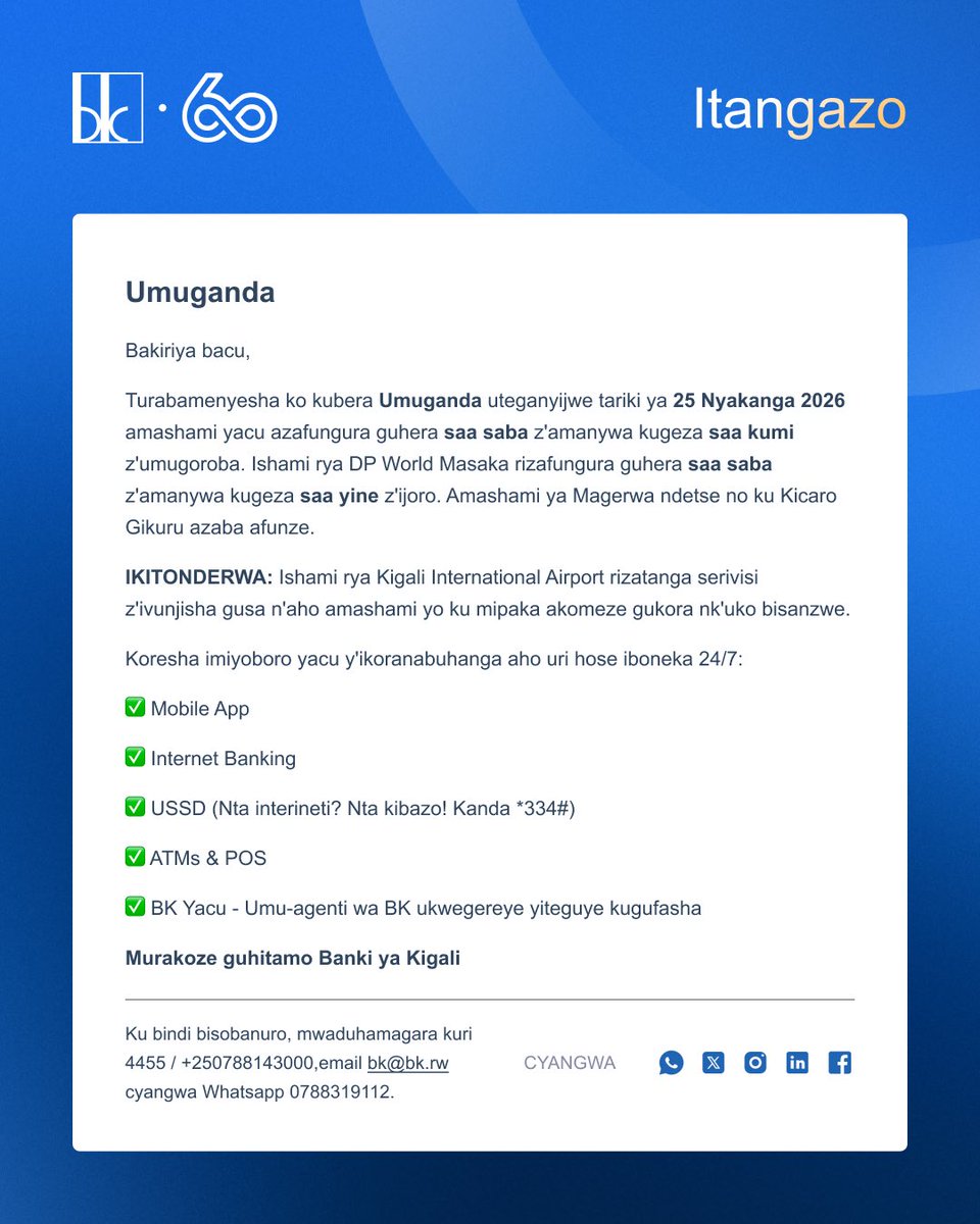 mybksupport's tweet photo. ITANGAZO RIGENEWE ABAKILIYA - NOTICE TO CUSTOMERS - AVIS AUX CLIENTS https://t.co/8Li1B1uzJg