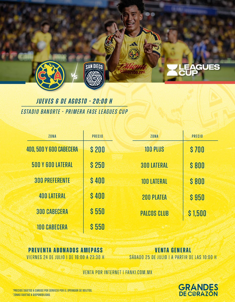 AyudaAmePass's tweet photo. ¡Inicia el camino de la Leagues Cup en CAsa! 🦅 🔥

⚔️Club América vs. San Diego FC 
💳 Preventa exclusiva AmePass: Viernes 24 de julio
de 16:00 a 23:00 h
🎟 Venta general: sábado 25 de julio
🪪AmePass: https://t.co/Tiw0kCJawy

¡Nos vemos en el Banorte! 🏟️ https://t.co/FF51ab12vU