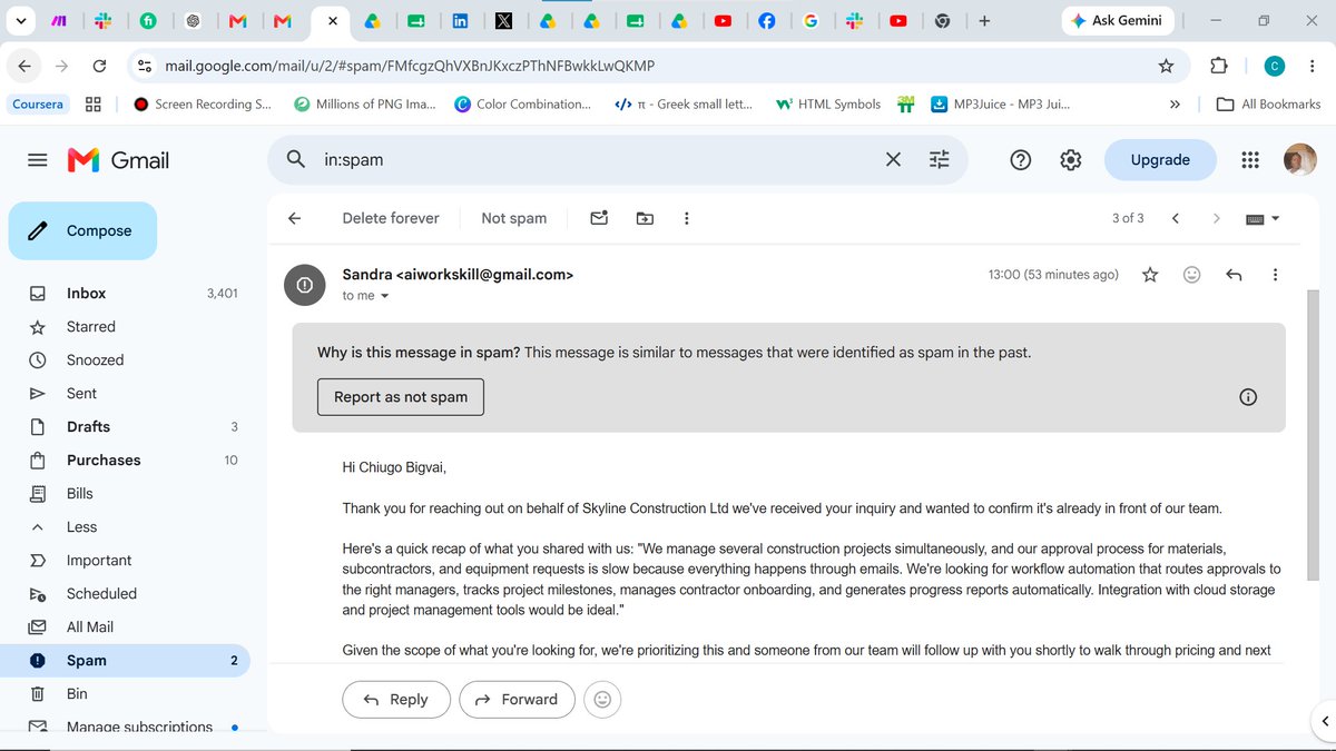 dailygigss's tweet photo. Screenshot of an automated Gmail acknowledgment email addressed to a construction company lead, confirming receipt of their inquiry and recapping their automation request, shown in the Gmail spam folder. #Automation #NoCode #MakeAutomation #WorkflowAutomation #SmallBusinessAutoma https://t.co/nJjB84rdDK