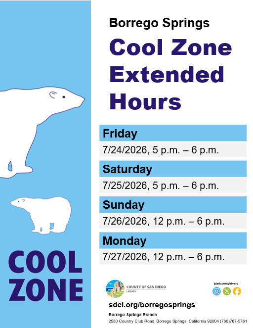 SDCountyLibrary's tweet photo. A heat advisory is in effect for most of San Diego County until Monday, July 27 with the Borrego Springs area particularly impacted. If you are in the area and need a place to cool down, check out the extended Cool Zone hours. Check https://t.co/T95MVPnjAK for more info. https://t.co/udpKJoq1f5