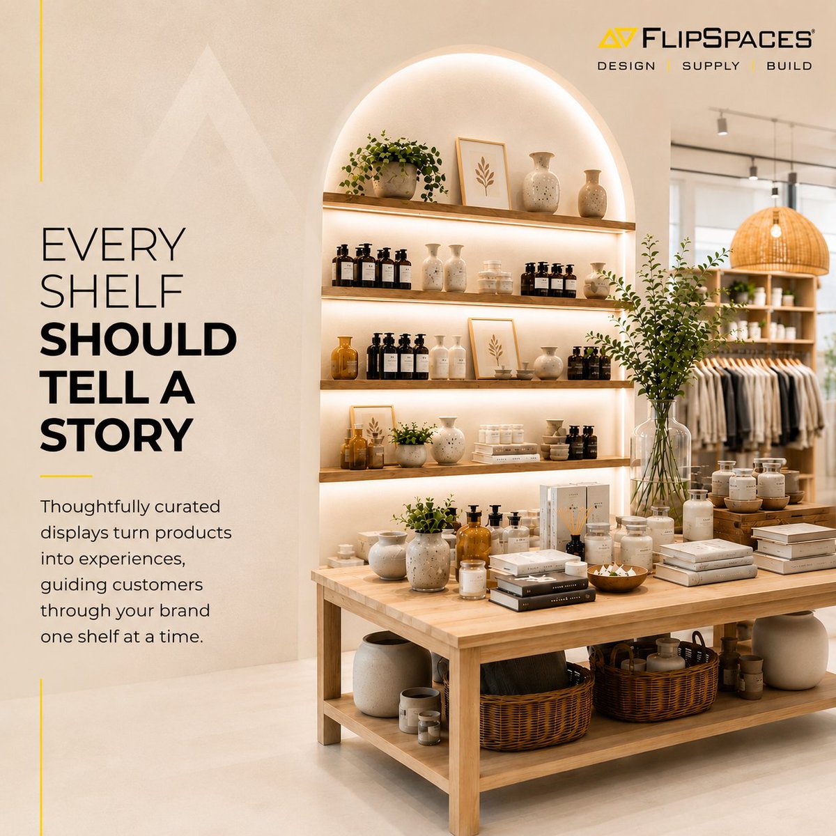 Flipspaces's tweet photo. Every shelf should do more than hold products; it should tell your brand's story.
Thoughtful retail design turns browsing into discovery and customers into loyal advocates.

#FlipspacesDesignLabs #StoreDesign #CustomerExperience #VisualMerchandising #BrandExperience https://t.co/eyqUUnmpyo