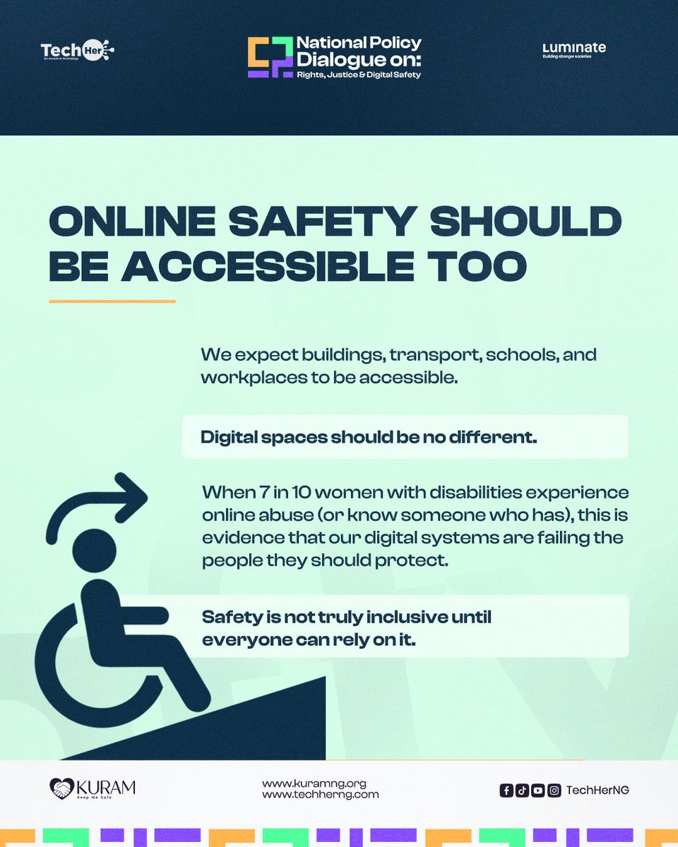TechHerNG's tweet photo. The numbers are difficult to ignore. They reveal a digital ecosystem where women with disabilities are still too often excluded from the protections many others take for granted.

Across Nigeria, organisations like Center for Citizens with Disabilities , @inclusivefrnds , @CedarSeedFound, National Councils for Persons with Disabilities and many more have spent years working to close inclusion gaps. They have pushed for accessible education, influenced policy, championed disability rights, expanded access to justice, and advocated for environments where persons with disabilities can participate fully in community life.

As we prepare for the Toxic Tech Report Launch, we’ll be asking difficult but necessary questions:

• Who is responsible for making the internet safer for women with disabilities?
• What would truly accessible online safety look like?
• And how do we build digital systems where no one is left behind?

What questions about digital safety, disability inclusion, or platform accountability do you think deserve urgent answers? We’d love to hear them ahead of the dialogue.

Date: Thursday, 30 July 2026
Time: 10:00 AM
Venue: Shehu Musa Yar’Adua Centre, Abuja
Register here: https://t.co/WZhpvvnPKw