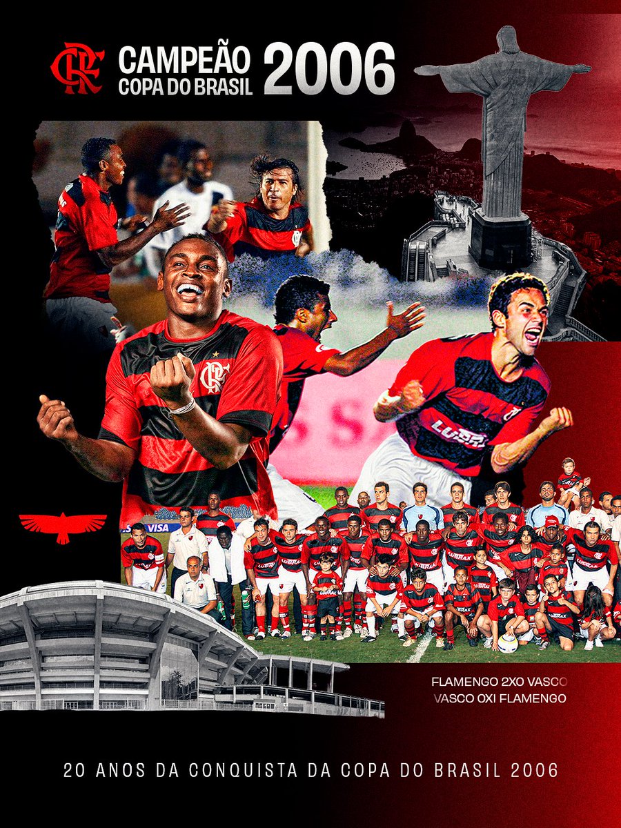 Flamengo's tweet photo. 𝟐𝟎 𝐀𝐍𝐎𝐒 𝐃𝐀 𝐂𝐎𝐍𝐐𝐔𝐈𝐒𝐓𝐀 𝐃𝐀 𝐂𝐎𝐏𝐀 𝐃𝐎 𝐁𝐑𝐀𝐒𝐈𝐋 𝐃𝐄 𝟐𝟎𝟎𝟔! 🏆

Há exatas duas décadas, o Mengão vencia o Vasco no jogo de volta da final e conquistava, pela segunda vez, a competição mais democrática do país!

Tem conquista que o tempo não apaga. Relembrar esse título nunca é demais, né, Nação? ❤️🖤