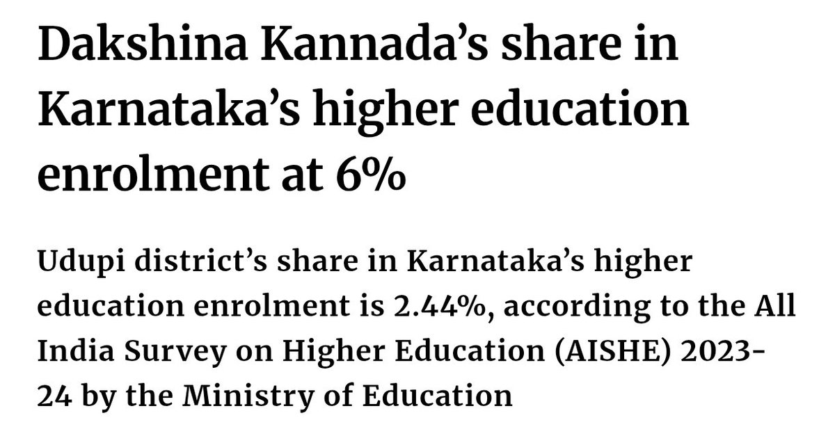 MangaluruInvest's tweet photo. #Dakshina #Kannada accounts for 6% of Karnataka's higher education enrolment, while #Udupi contributes 2.44%, according to the AISHE 2023–24 survey. https://t.co/iQnf6bxkjM