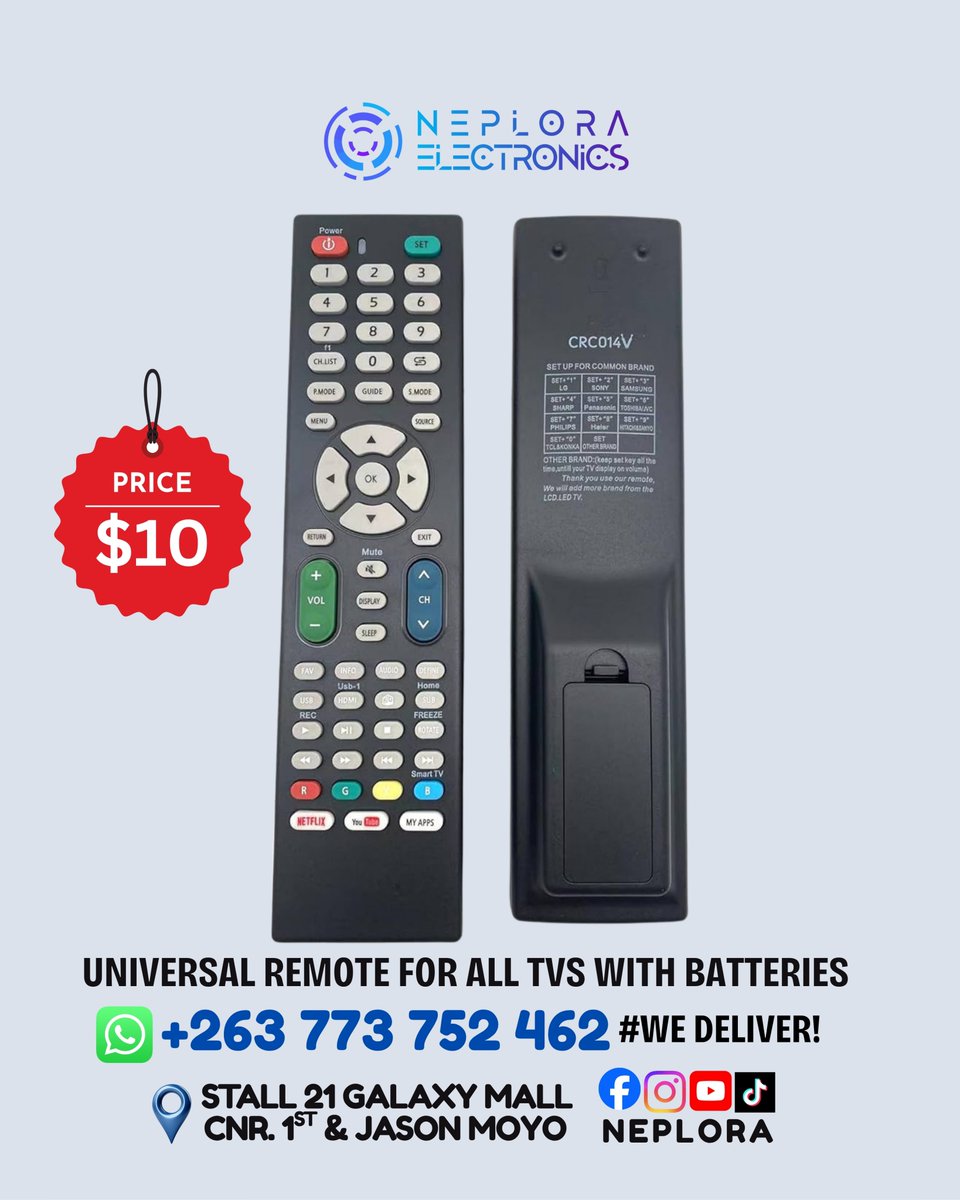 neplora's tweet photo. 📺🔋✨ Universal Remote for All TVs with Batteries in Harare, Zimbabwe available at Neplora. Call/WhatsApp📲: +263 773 752 462 to order. #WeDeliver!

📍 We are located in Harare CBD
Visit Stall 21 Galaxy Mall Ground Floor
Corner First Street, and Jason Moyo Ave https://t.co/6JgWzw47uC