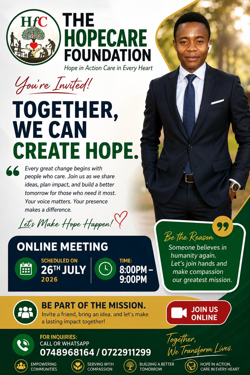 HonOkothChris1's tweet photo. Do you want to learn about Humanitarianism and be part of the HopeCare Foundation ❤️. Join us on Sunday We Chat and Talk. Welcome all. https://t.co/yWB41JOrw3
