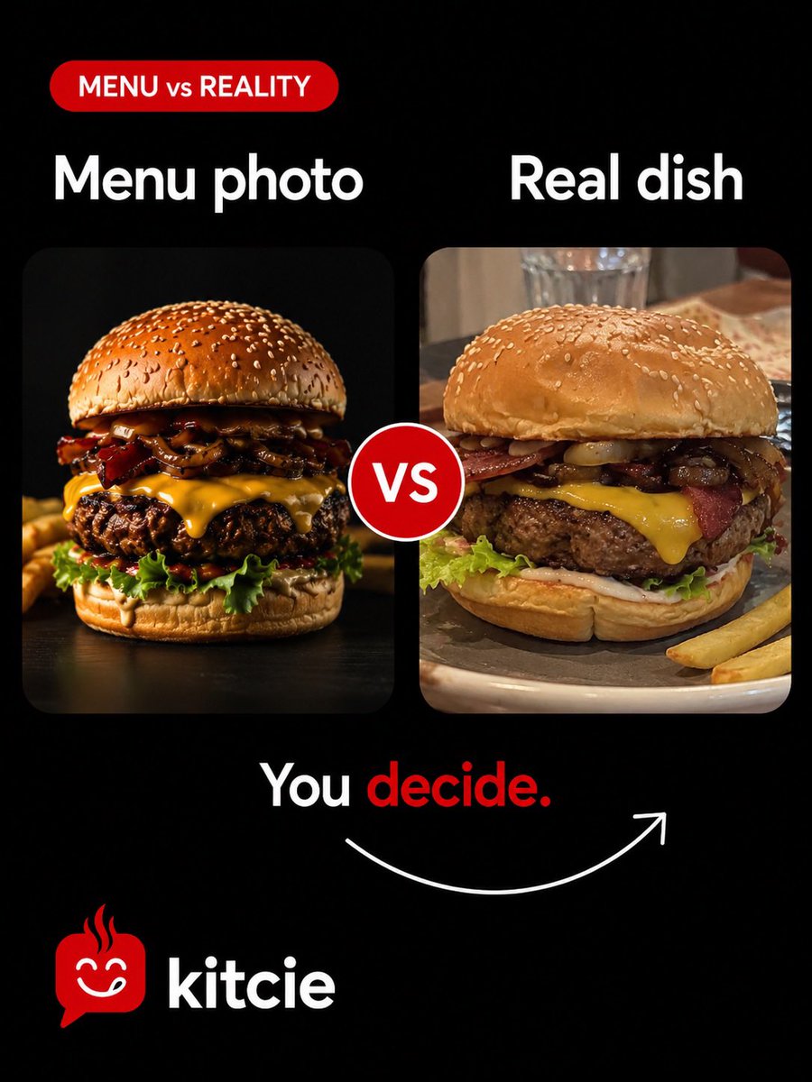 kitcieapp's tweet photo. 🍔 Menu vs Reality.

Ever ordered a burger that looked amazing on the menu…

…and received something completely different?

We’ve all been there.

Photos can sell.
Real experiences build trust.

That’s why Kitcie helps you discover what dishes actually look like before you order.

📸 Real photos.
⭐ Real reviews.
🍽️ Smarter food choices.

Which burger would you choose?
👇 Tell us in the comments.

#Kitcie #FoodDiscovery #MenuVsReality #BurgerLover #FoodReview

⸻

🇹🇷 Türkçe

🍔 Menü Fotoğrafı mı, Gerçek Hayat mı?

Hiç menüde harika görünen bir burger sipariş edip…

…masanıza bambaşka bir tabak geldiği oldu mu?

Hepimizin başına geldi.

Fotoğraflar sizi ikna edebilir.
Gerçek kullanıcı deneyimleri ise doğru karar vermenizi sağlar.

Kitcie ile sipariş vermeden önce yemeklerin gerçek fotoğraflarını ve kullanıcı yorumlarını keşfedin.

📸 Gerçek fotoğraflar.
⭐ Gerçek yorumlar.
🍽️ Daha doğru seçimler.

Sen hangisini tercih ederdin?
👇 Yorumlarda bizimle paylaş.

Gerçek yorumlar. Daha akıllı seçimler. Daha iyi yemekler