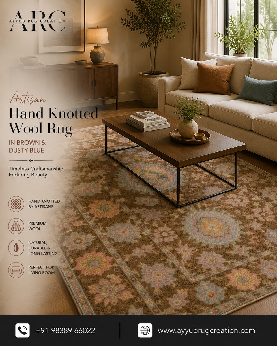 AyyubRug's tweet photo. Bring timeless elegance into every corner of your home with our Artisan Hand Knotted Wool Rug in Brown &amp; Dusty Blue. Expertly handcrafted by skilled artisans using premium wool, this luxurious rug blends classic craftsmanship with modern sophistication.
Its warm brown tones https://t.co/ZeG5WYS6Fd