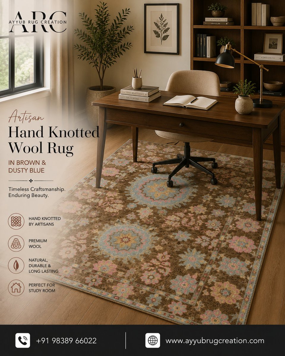 AyyubRug's tweet photo. Bring timeless elegance into every corner of your home with our Artisan Hand Knotted Wool Rug in Brown &amp; Dusty Blue. Expertly handcrafted by skilled artisans using premium wool, this luxurious rug blends classic craftsmanship with modern sophistication.
Its warm brown tones https://t.co/ZeG5WYS6Fd