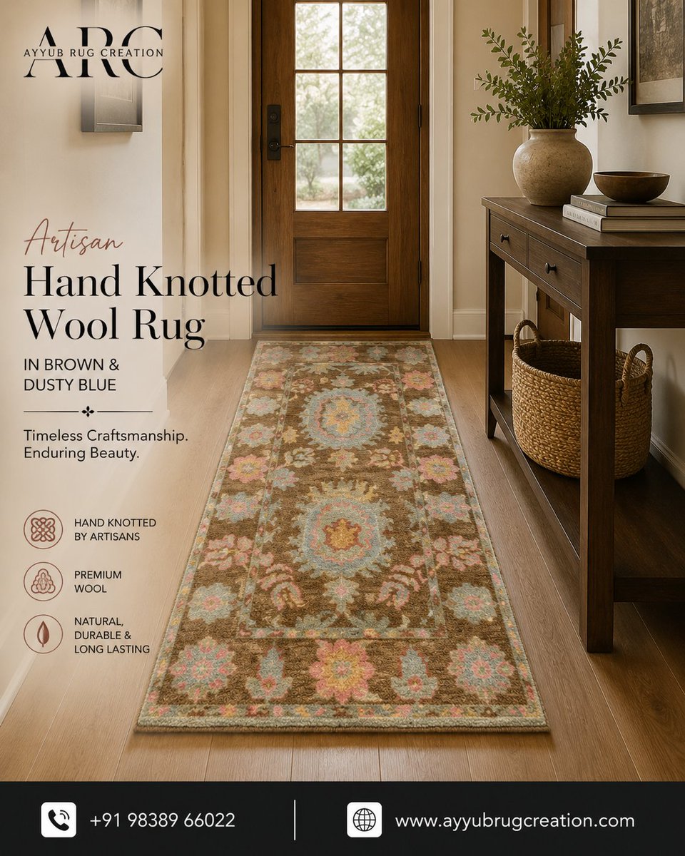 AyyubRug's tweet photo. Bring timeless elegance into every corner of your home with our Artisan Hand Knotted Wool Rug in Brown &amp; Dusty Blue. Expertly handcrafted by skilled artisans using premium wool, this luxurious rug blends classic craftsmanship with modern sophistication.
Its warm brown tones https://t.co/ZeG5WYS6Fd