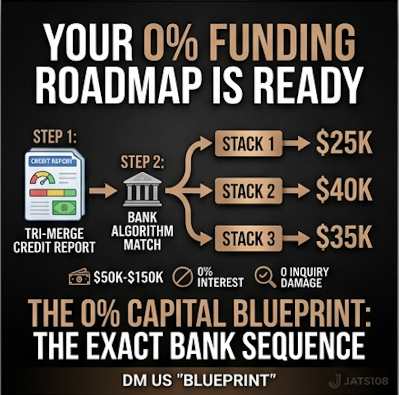 Jats108's tweet photo. Result? Up to $150,000 in 0% interest business credit lines for your LLC without 2 years of tax returns or revenue checks.

Ready for your custom map? Reply "BLUEPRINT" below or DM us at jats108funding! 📲 https://t.co/9lgPpBuecB