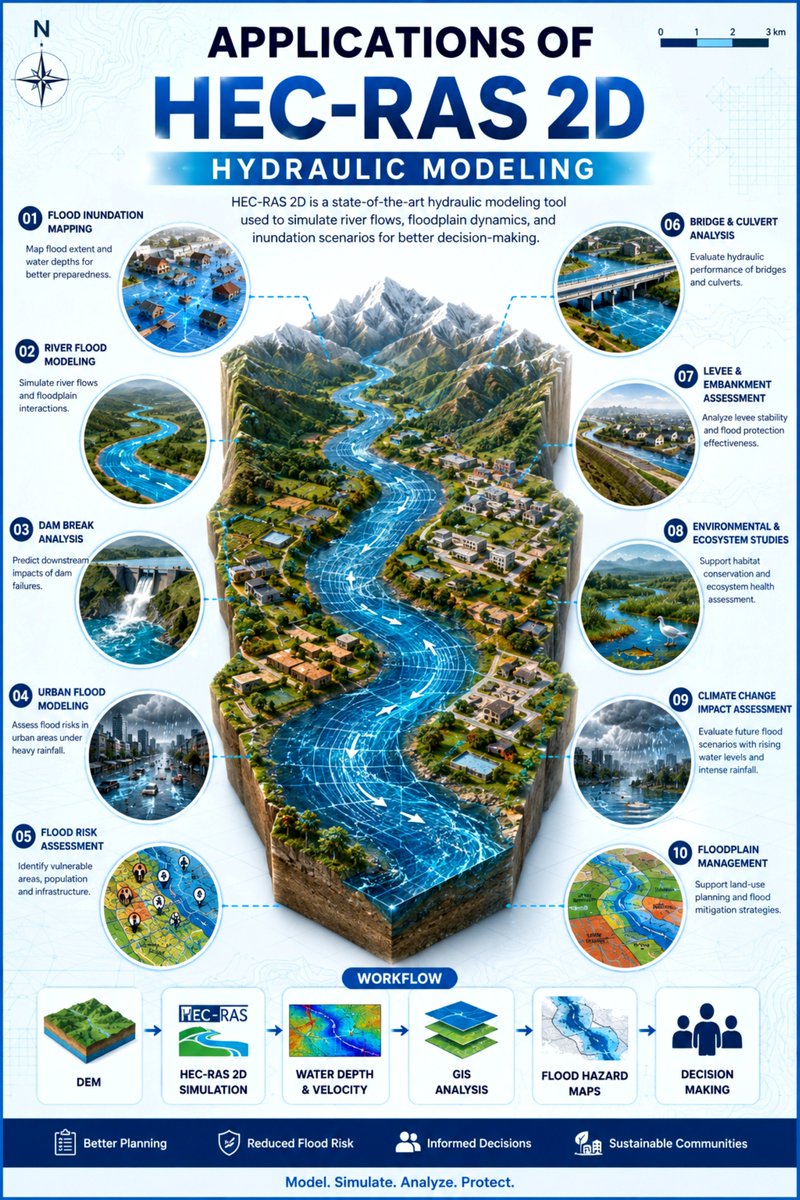 HamasGeoVision1's tweet photo. HEC-RAS 2D helps simulate flood extent, water depth, and flow velocity for better flood risk management, urban planning, and disaster preparedness.
A valuable tool for every GIS professional.
#HECRAS #GIS #FloodMapping #RemoteSensing #hydrology #nasa #irrigationDpt #govGis https://t.co/6xIJxNyKhW