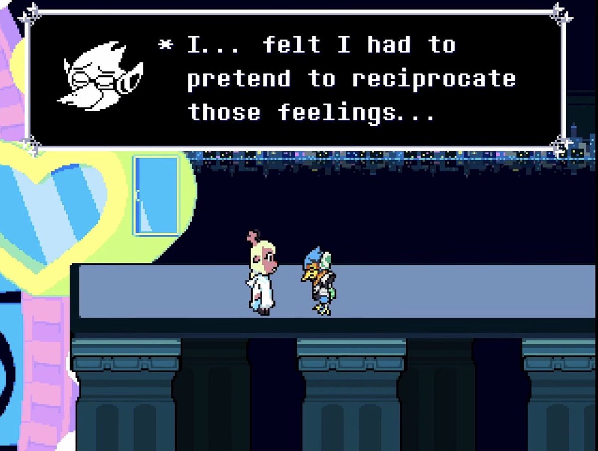 nerdydood's tweet photo. I wish that more ppl genuinely discussed aroace Berdly as a serious reading/theory and not just as a headcanon bc like. there is actual evidence.

I was unsure about it pre chapter 5, but with tfem Ralsei, Toby has shown that he’s willing to explore queer identities in this way https://t.co/fZw94szXTi