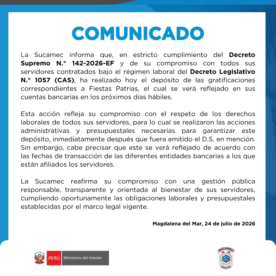 SucamecPeru's tweet photo. #GestiónInstitucional | La #Sucamec continúa cumpliendo oportunamente sus compromisos con los servidores de la entidad, reafirmando su compromiso con una gestión pública responsable, transparente y orientada al respeto de los derechos laborales.

#PrevenirYServir https://t.co/tHuc9YDvim