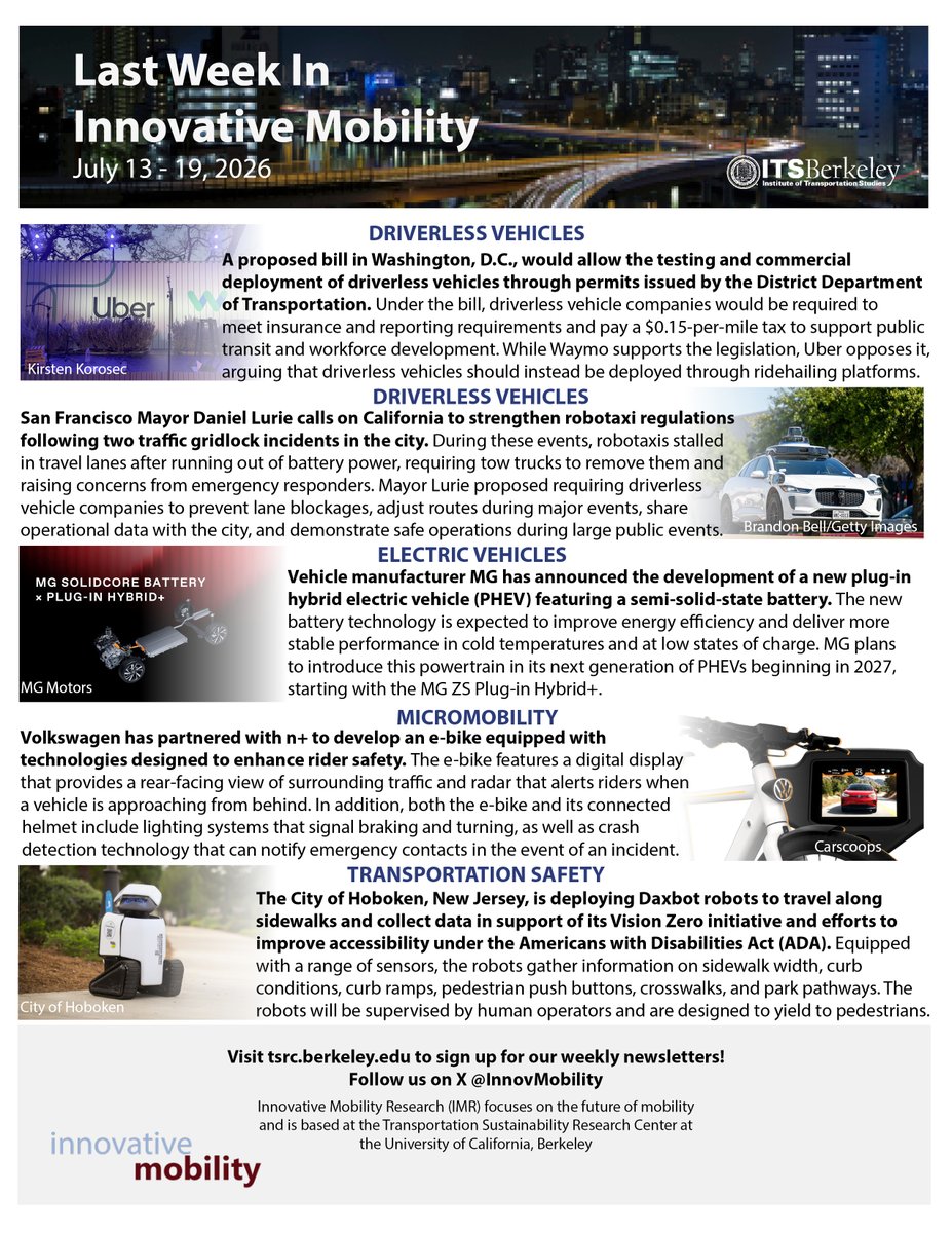 SusanShaheen1's tweet photo. 🌻 Happy Friday! I 🔌 🚗 🚲 🤖 I UC Berkeley's Innovative Mobility Highlights for week of July 13 to 19, 2026; please see:  https://t.co/BvCq7riCT2

💌 To receive our latest updates, subscribe at https://t.co/3J4Sf7hbtI

🌎 Note views are my own #Driverless #AV #EV #Ebike #Robot https://t.co/nhpKGoNG9V