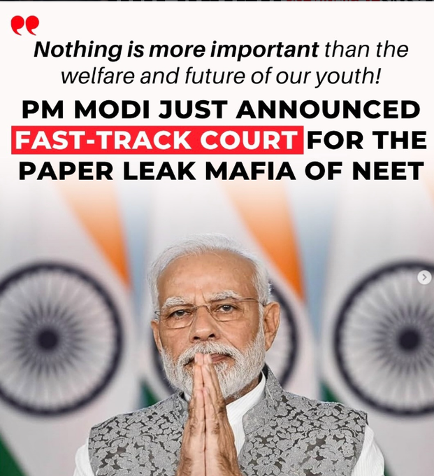NehaSINGHpress's tweet photo. Yes and also PM Modi ji has taken steps too, why is that point getting buried under the barrage of protests and reels. Prime Minister Narendra Modi has announced the establishment of fast-track courts to ensure the swift prosecution and stringent punishment of those involved in examination paper leaks. Calling the welfare and future of India’s youth the government’s highest priority, the Prime Minister said strict action would be taken against anyone attempting to jeopardize students’ futures and hence directed all concerned authorities to take the necessary steps to operationalize the fast-track courts, describing the move as part of a broader effort to safeguard the interests of students and restore confidence in the examination system. He added that “those who try to harm the future of our youth will not be spared.” Punishment is harsh