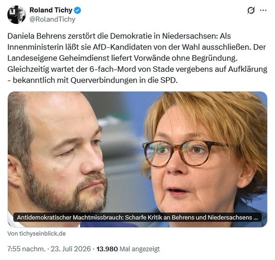BJilge's tweet photo. „Putsch gegen die Demokratie": Die SPD verliert im Land wie im Bund die Wähler und lässt deshalb AfD-Kandidaten unter billigsten Vorwänden staatlich aussondern. Innenministerin Daniela Behrens (SPD) treibt das Verfahren in Niedersachsen voran. Staatsrechtler sprechen von verfassungswidrigem Wahlrechtsentzug. Die breite Kritik reicht von links bis rechts.
