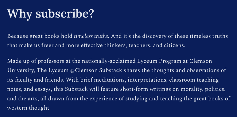 SnowInstitute's tweet photo. The editors of the Lyceum @ Clemson Substack are currently open to guest contributors. Please email jpascar@clemson.edu and/or nallmai@clemson.edu with pitches. Consult the images below for an introduction to what we publish. https://t.co/jnef3ci1rM