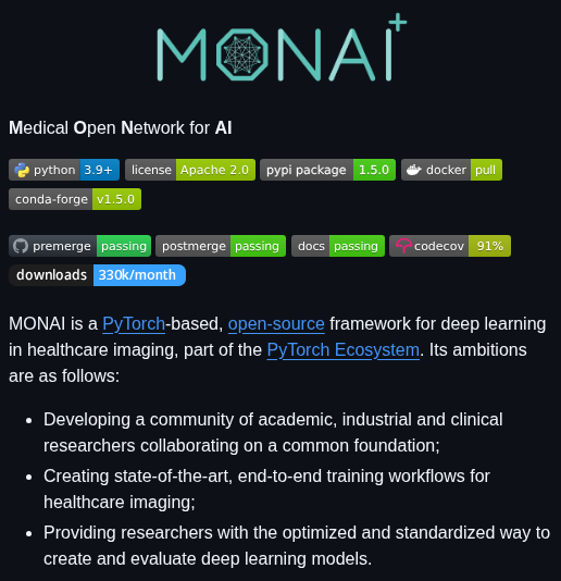 DanKornas's tweet photo. Medical imaging pipelines shouldn’t require rebuilding preprocessing, model, and evaluation components from scratch.

MONAI is a PyTorch-based, open-source framework for deep learning in healthcare imaging, built for researchers and developers working with medical imaging data.

It helps you assemble end-to-end workflows by providing domain-specific, composable components designed to integrate with existing PyTorch workflows.

Key features:

• Imaging preprocessing – apply flexible transforms to multidimensional medical imaging data.
• Composable APIs – integrate portable building blocks into existing workflows.
• Domain-specific modeling – use healthcare-imaging networks, losses, metrics, and related utilities.
• Distributed training – support data parallelism across multiple GPUs and nodes.
• Practical onboarding – start with Colab demos, notebook tutorials, technical docs, PyPI, or a Docker image.

It’s open-source (Apache 2.0 license).

Link in the reply 👇