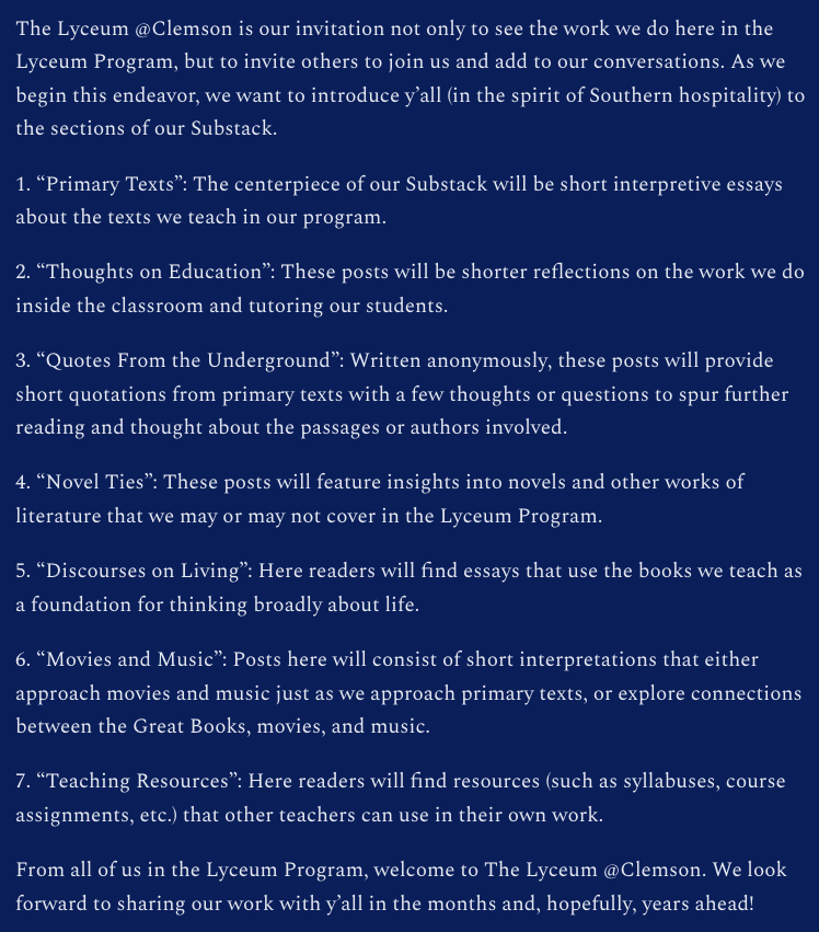 SnowInstitute's tweet photo. The editors of the Lyceum @ Clemson Substack are currently open to guest contributors. Please email jpascar@clemson.edu and/or nallmai@clemson.edu with pitches. Consult the images below for an introduction to what we publish. https://t.co/jnef3ci1rM