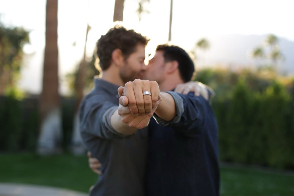 SceneOrbit's tweet photo. Still wearing the rings. Still choosing each other. ❤️💍 Jonathan Bennett &amp; Jaymes Vaughan. https://t.co/OXAycTwAQ7