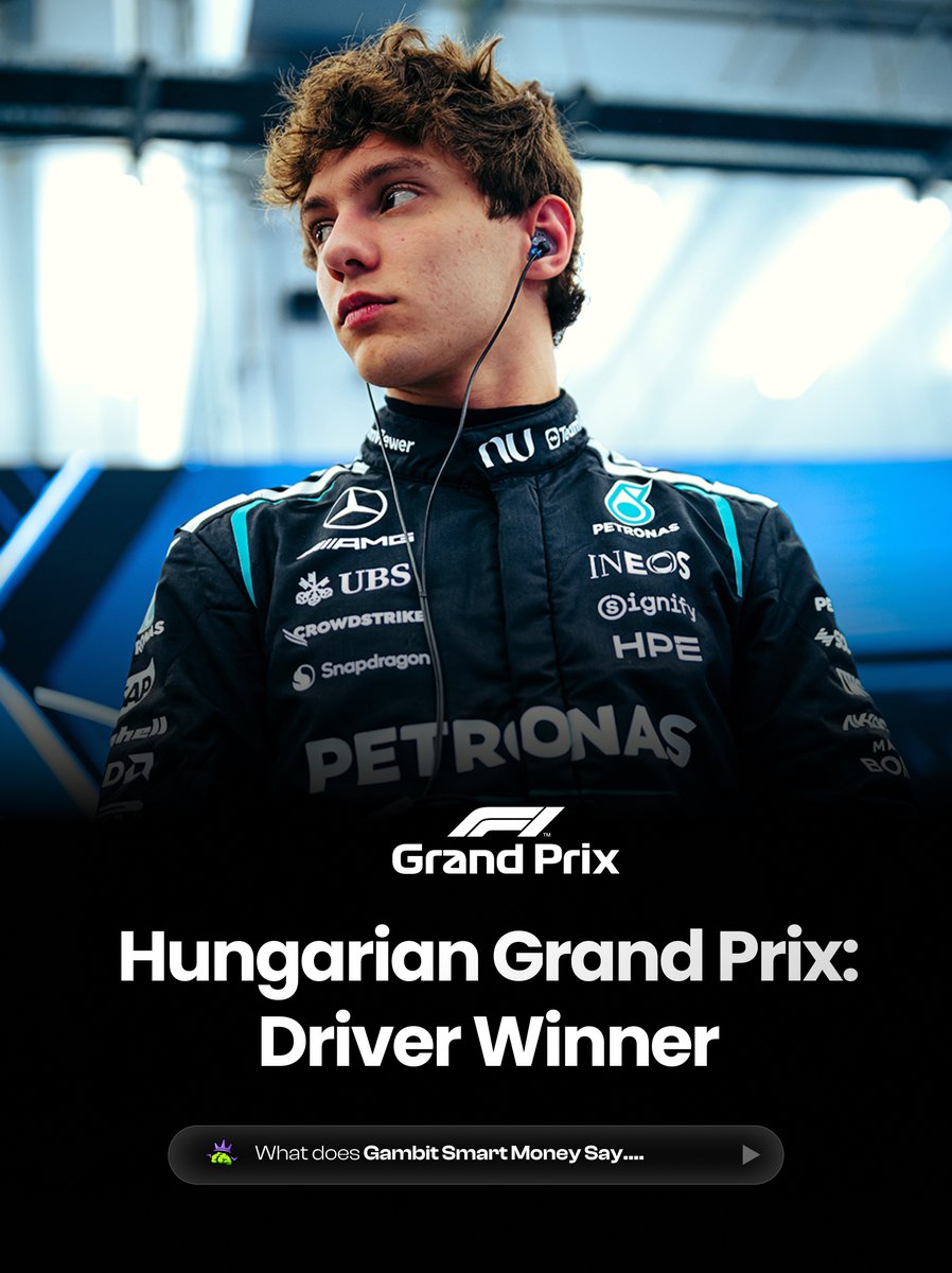 GambitSportsHQ's tweet photo. The Hungarian Grand Prix is almost here, but Smart Money isn’t backing the obvious outcome.

Kimi Antonelli has been one of Formula 1’s biggest stories this season, but Smart Money is still positioned on NO for him to win in Hungary.

The Hungaroring is one of the toughest tracks to overtake on, where strategy and qualifying can change everything.

At the current odds, NO returns around 1.54x.

Track every Smart Money signal on https://t.co/BkyqY1cmaB