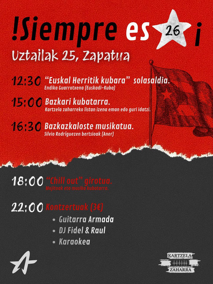ernai_bergara's tweet photo. ➡️Dana gertu biharko!

Siempre es 26!
Euskal Herria Kubarekin!🇨🇺🚩

Gerturatu Kartzela Zaharrera!✊🏼

#EuskalHerriaIrabaztera
#FaxismoriEz https://t.co/GRwuWWniWO