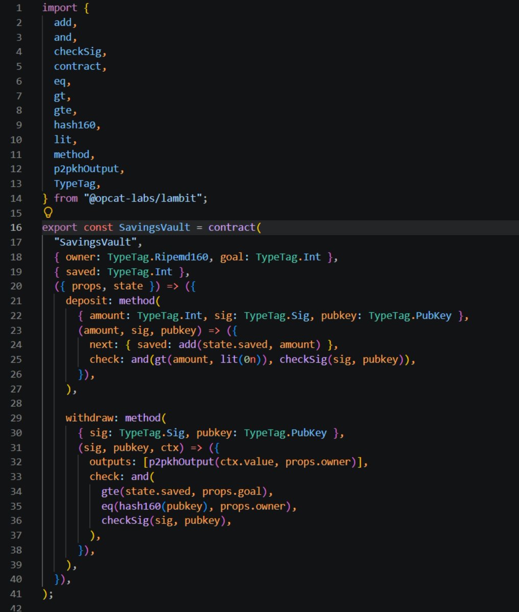Yusuf_Opcat's tweet photo. Building on Bitcoin just got a lot more friendly.
Here’s a Lambit smart contract I wrote for the OP_CAT Layer. Lambit is a functional TypeScript-to-Bitcoin-Script compiler you write normal TS expressions and it outputs clean artifact JSON + locking script.
#OP_CAT #Lambit #Bitcoin #BTCFi #SmartContract @op_catlayer
