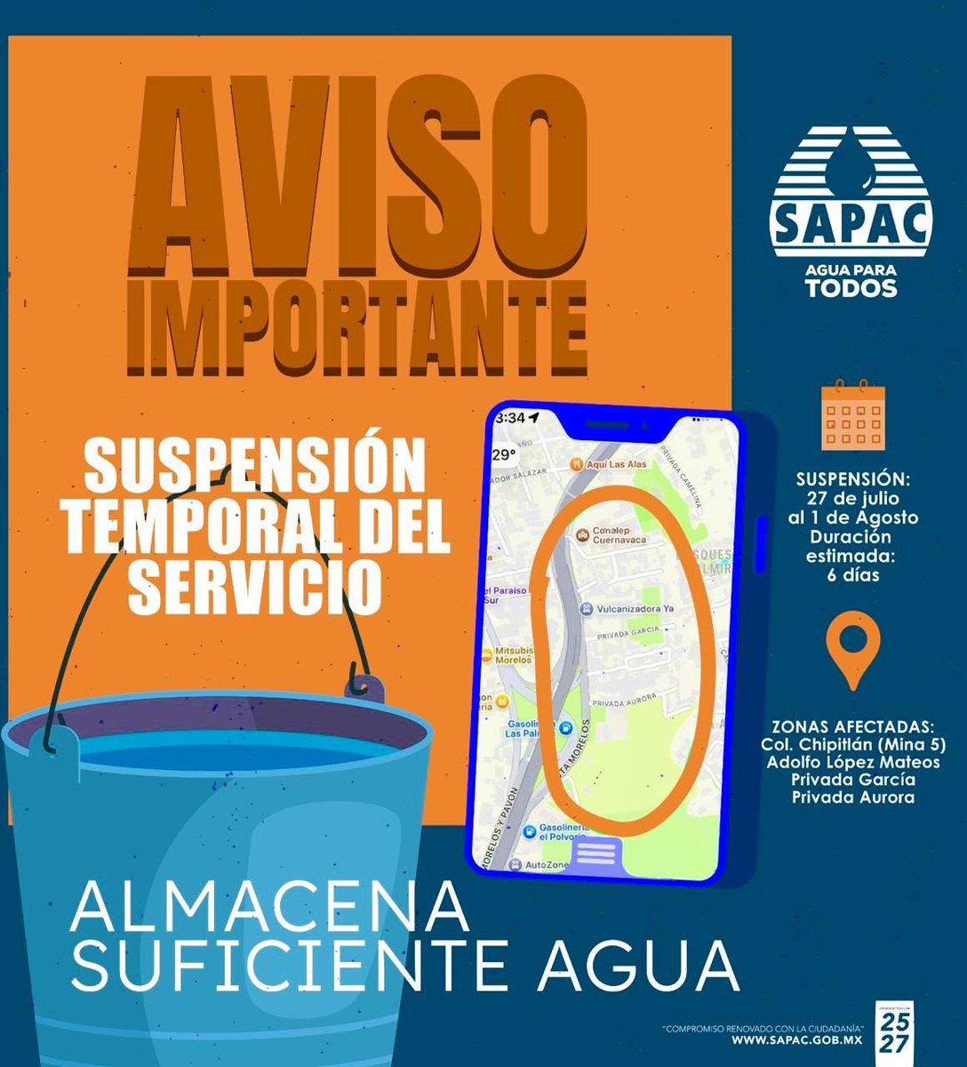 RadioFormulaMor's tweet photo. 🔔💦El @SapacCuernavaca informa a la ciudadanía que, con el objetivo de mejorar el servicio de agua potable, se llevarán a cabo trabajos de rehabilitación integral en el Pozo Chipitlán 2.

📅Periodo de trabajos: del 27 de julio al 1 de agosto Duración estimada: 6 días

El suministro de agua potable se mantendrá con normalidad hasta el 26 de julio.

Zonas que podrían presentar afectaciones: 
* Colonia Chipitlán (Mina 5) 
• Adolfo López Mateos 
• Privada García 
• Privada Aurora

Se solicita a las y los usuarios tomar previsiones y almacenar agua con anticipación para cubrir sus necesidades durante el periodo de intervención.