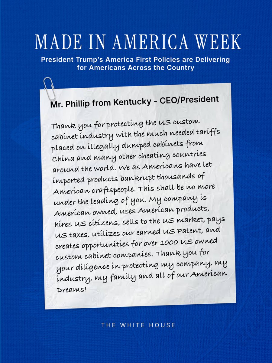 WhiteHouse's tweet photo. During Made in America Week, we proudly celebrate the power of American manufacturing. 🇺🇸

Business owners from coast to coast are thanking President Trump for his tireless efforts to bring back MADE IN AMERICA. 🧵⬇️ https://t.co/oQ9sjUWH9K