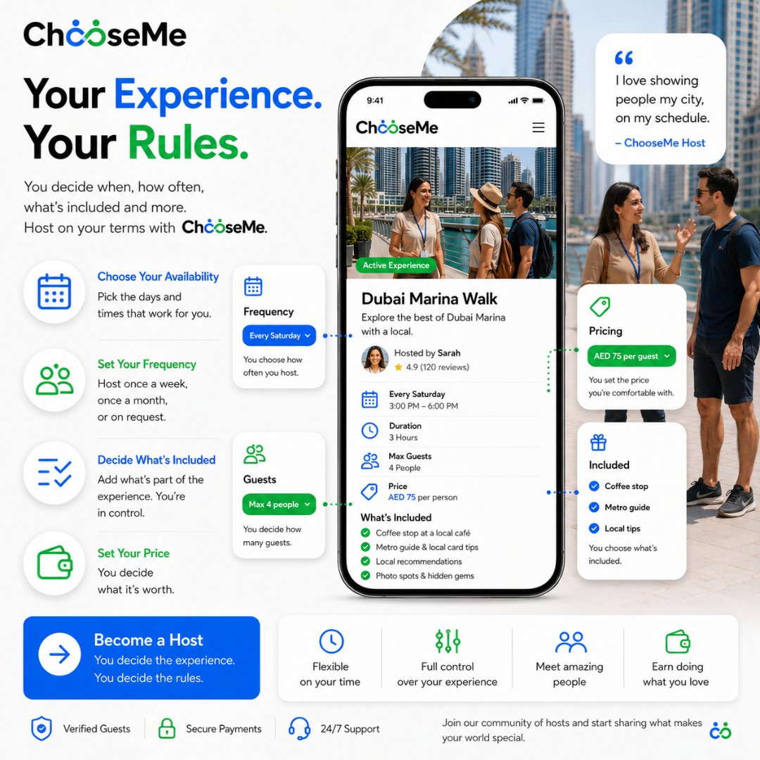 ChooseMeApp's tweet photo. Your experience. Your schedule. Your price. Your rules.

With ChooseMe, hosts stay in control of what they offer, when they offer it, what’s included, and how many guests can join.

Learn more and join the community at https://t.co/w1BQuelw3h.

#ChooseMe #BecomeAHost https://t.co/6CGRVyN4bM