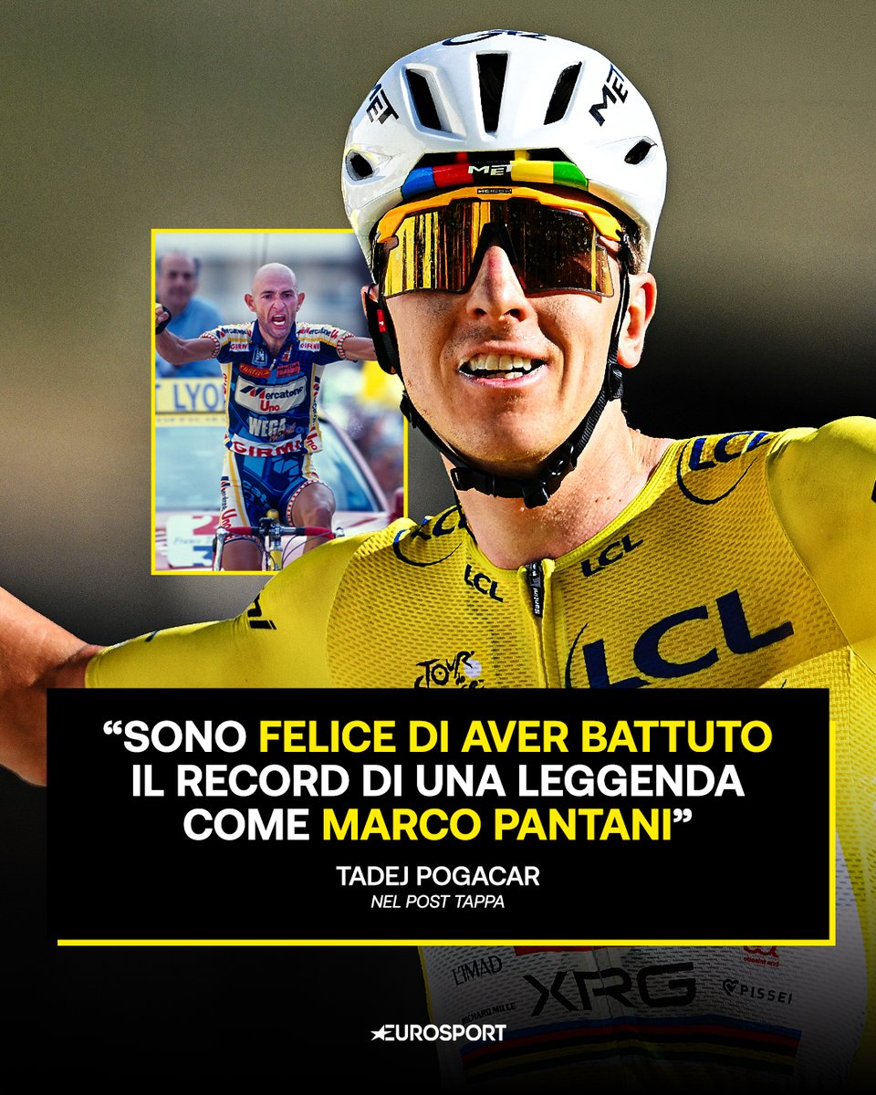 Eurosport_IT's tweet photo. E siamo sicuri che anche il Pirata, vedendo un fenomeno come te, in cuor suo sarebbe felice di averti lasciato questo record, Tadej ❤️‍🩹

Dopo 31 anni, Pogacar ha fatto cadere il record di scalata di Marco Pantani dell'Alpe d'Huez di un minuto e 23 secondi 🥹

#Ciclismo #Cycling #TourdeFrance #TDF2026 #Pogacar