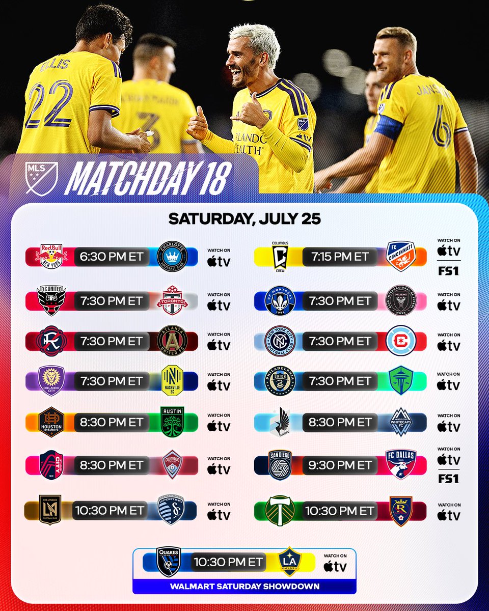 MLS's tweet photo. Shaping up to be a spectacular Saturday. 🤜🤛

Catch all 15 matches on @AppleTV and @FS1: https://t.co/Pau6rQAX5s https://t.co/GzTm5gcS7N