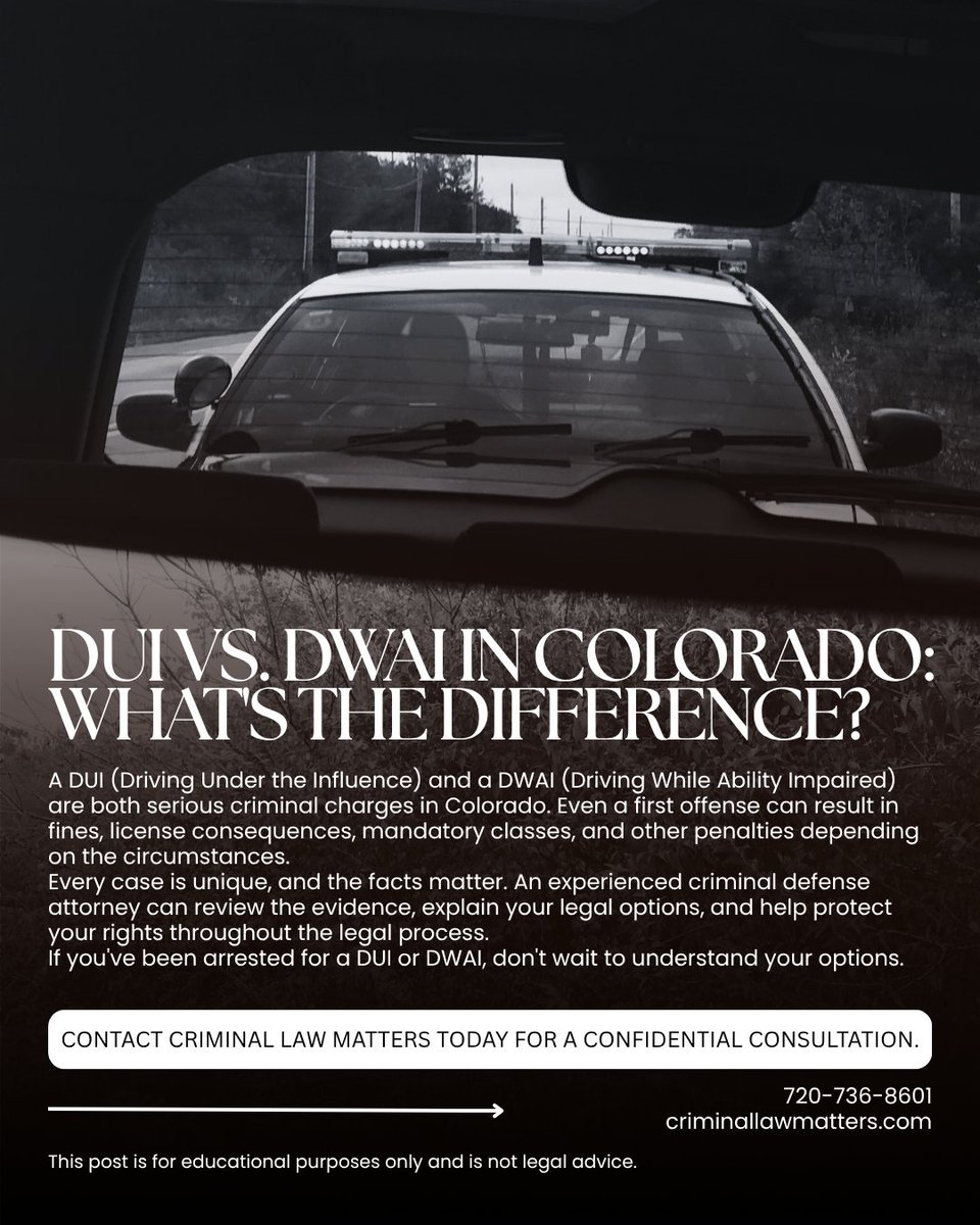 William93057150's tweet photo. Charged with a DUI or DWAI in Colorado? Understanding the difference—and your legal options—can make a difference in your case. Learn your rights and speak with an experienced defense attorney. Contact Criminal Law Matters today. #ColoradoDUI #DWAI #CriminalDefense https://t.co/nDzUwnwAMh