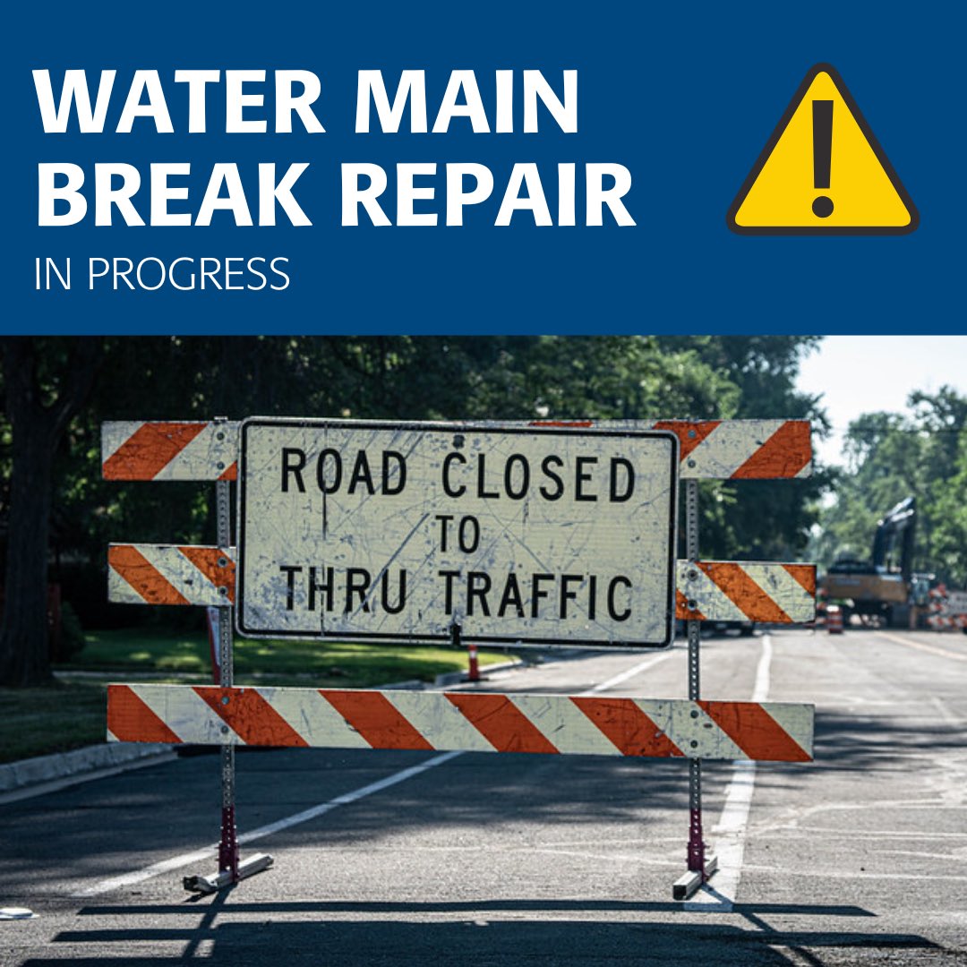FCUtilities's tweet photo. Water main break in progress near Constitution Ave. Traffic closed on Constitution between Plum and Elizabeth. Estimated restoration time 8 p.m. https://t.co/Kn7fCbdLf3