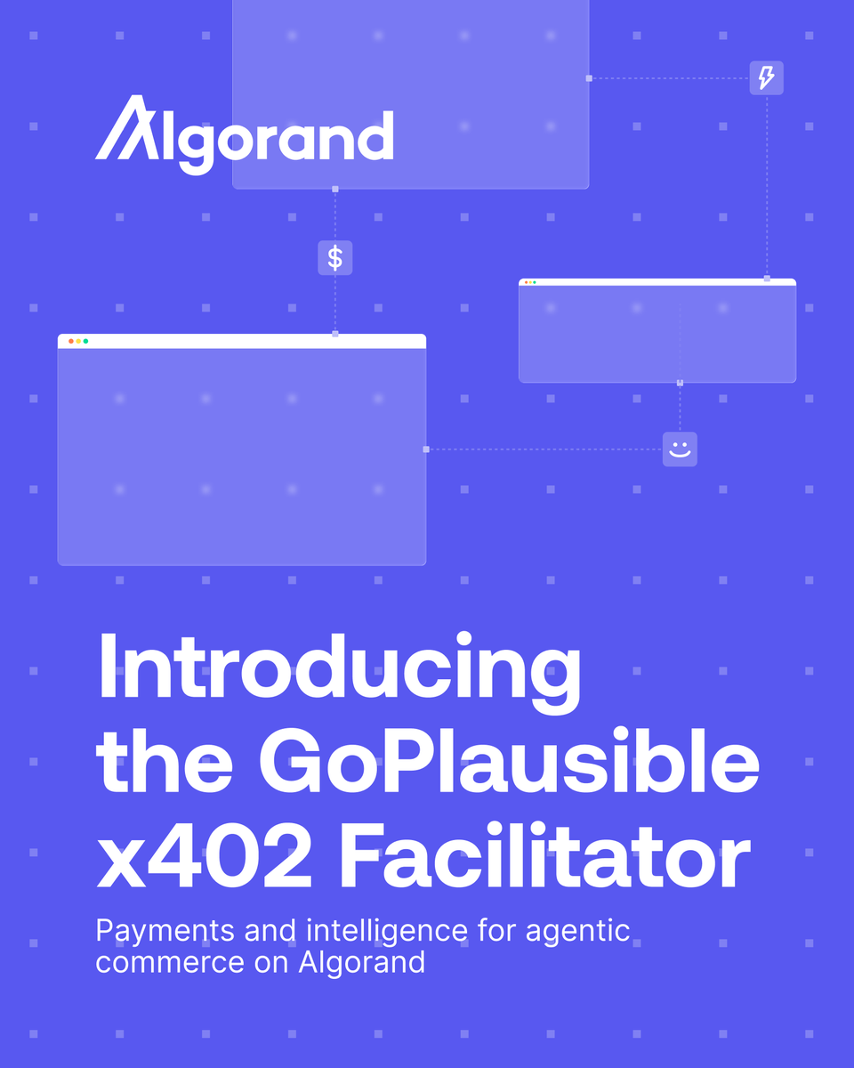 Algorand's tweet photo. Most x402 facilitators move a payment and stop.

@GoPlausible's settles across Algorand, Base, and Solana, then turns every payment into a live public map of the x402 network via their intelligence dashboard.

No setup, no API keys. Live on Algorand mainnet now.

Learn more 👇 https://t.co/2SOS1sukxj