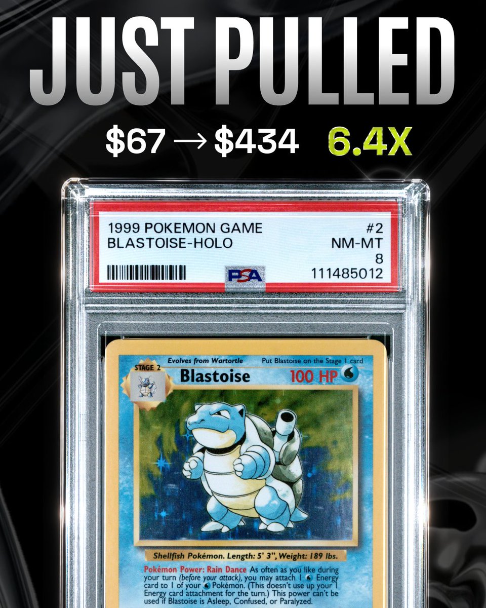 gacha_game_'s tweet photo. Vintage MEGA HITS just landed at @gacha_game_ 🤯

$67 ➡️ $434 just like that, now this collector has this fire 1999 Blastoise

Shill us your BEST vintage slab!!! https://t.co/pmvImWKe1Z