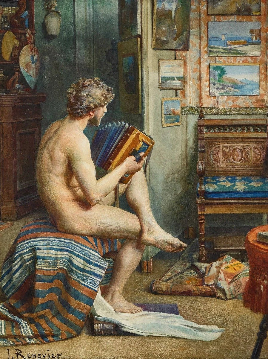 HumanFigureArt's tweet photo. Julien Renevier.1847-1907. Lausanne,Switzerland. Male model with accordion in a painter's studio. https://t.co/PzgbJBEMGz