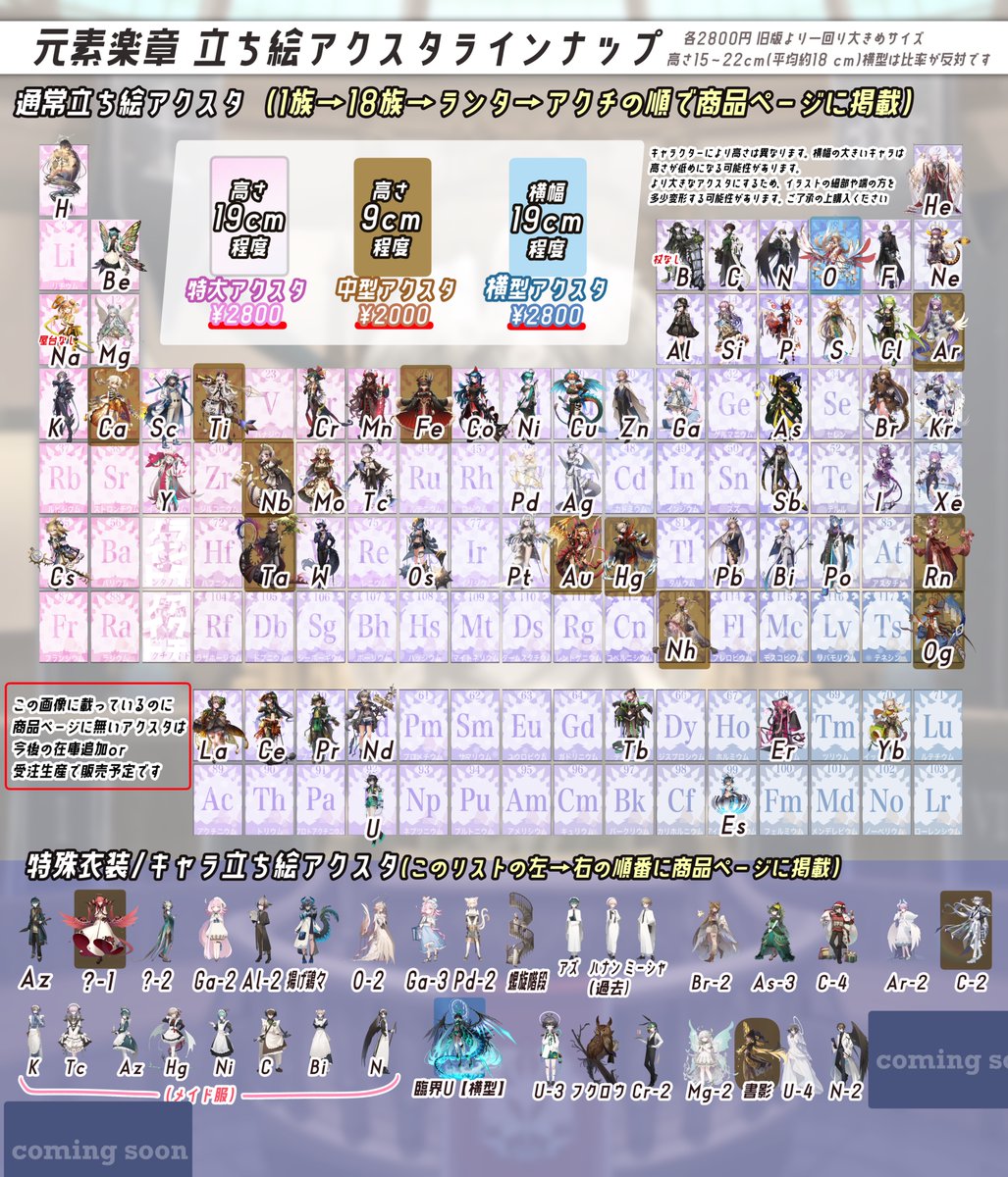 agedoridori's tweet photo. 【お知らせ‼️‼️】
 グッズ追加予告①です！
8/8 19:00に新グッズ＆新種アクスタなどなど沢山入荷します！
今回は①ということで新種の特大アクスタをご紹介！
 ・クロム(ウェイター)
 ・マグネシウム(妖精祭)
 ・ウラン(ブライド)
 ・窒素(白衣)
 ・クリプトン
 ・？？？
が入荷予定です！

  続く‼️ https://t.co/fz6OVUPZ8A