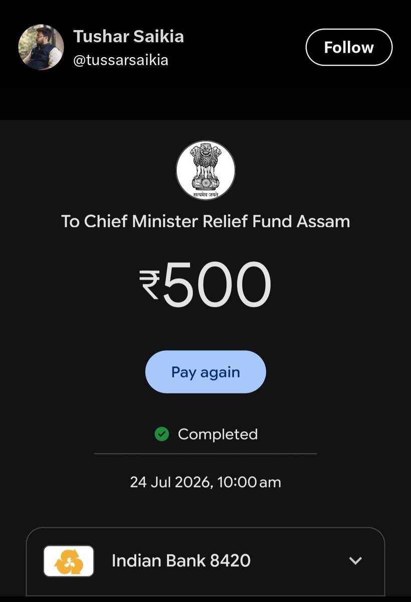 CMOfficeAssam's tweet photo. People from across Assam are coming forward to contribute online to the Chief Minister's Relief Fund, reflecting a strong spirit of solidarity during the unprecedented flood situation in parts of Upper Assam.

HCM Dr. @himantabiswa expressed his heartfelt gratitude to every individual for standing with the flood-affected people through their generous support.