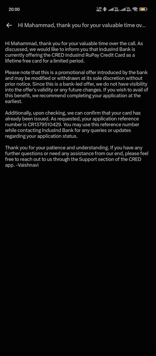 sam_theunique's tweet photo. @CRED_support Thia is what you responded. However, it doesn't match with @MyIndusIndBank statement. https://t.co/r6asg69CmI