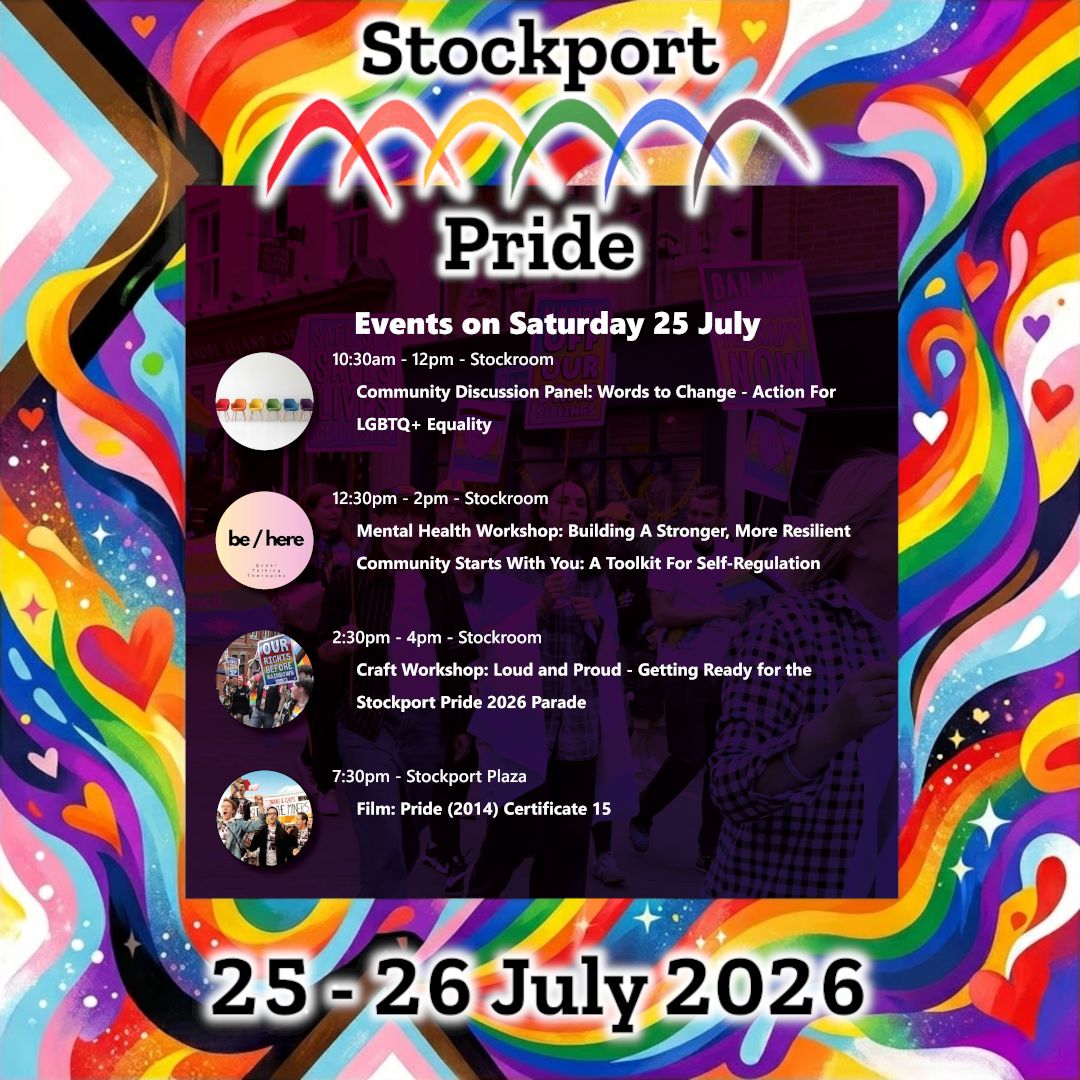 StockportPride's tweet photo. Here's how the weekend is looking. We start off on Saturday at Stockroom, followed by an evening at The Plaza. Then on Sunday we're in Stockport's Historic Market Place, and the Parade through the town centre 🏳️‍🌈🏳️‍⚧️ https://t.co/hq7qo8ERFh