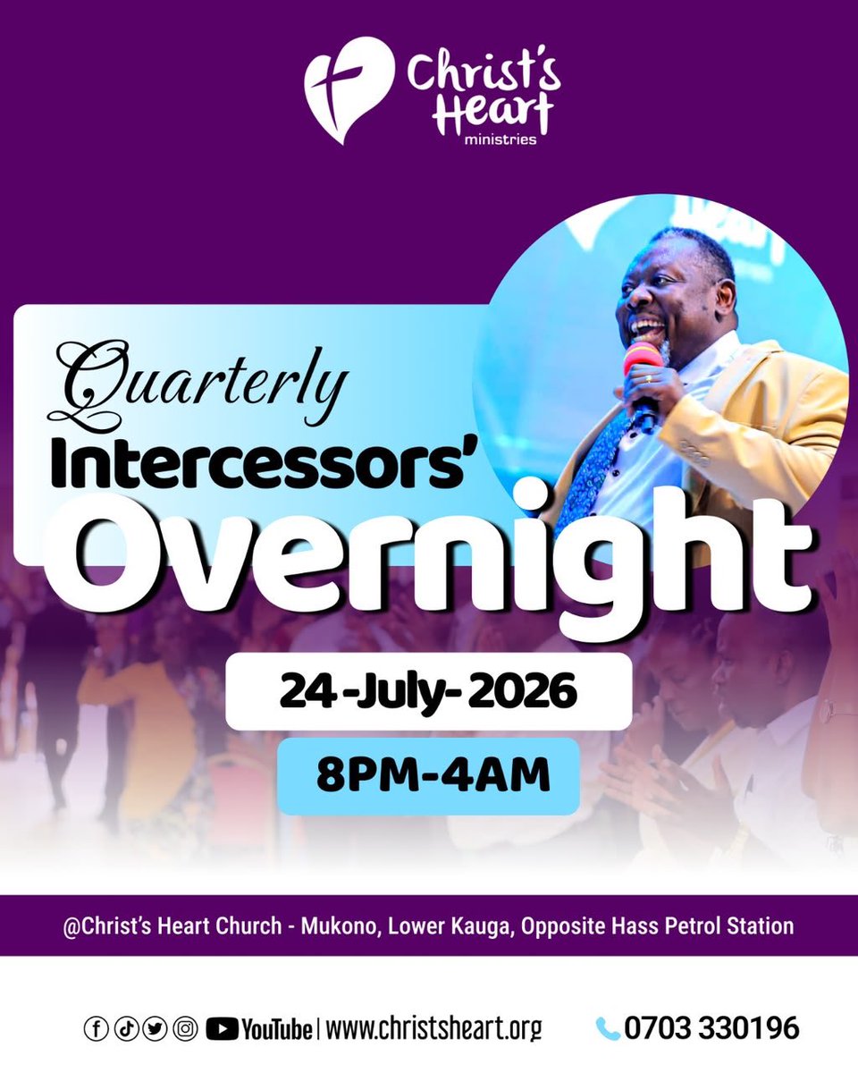 ChristsHeartMin's tweet photo. 🔥 **QUARTERLY INTERCESSORS’ OVERNIGHT **🔥

Join us for a night of deep intercession, worship, and breakthrough as we usher in a new quarter.

📅 24th July, 2026
⏰ 8pm - 4am
📍 Christ’s Heart Church - Mukono, Lower Kauga, Opposite Hass Petrol Station

#PrayWithoutCeasing #CHMi https://t.co/uxusHMHVw5