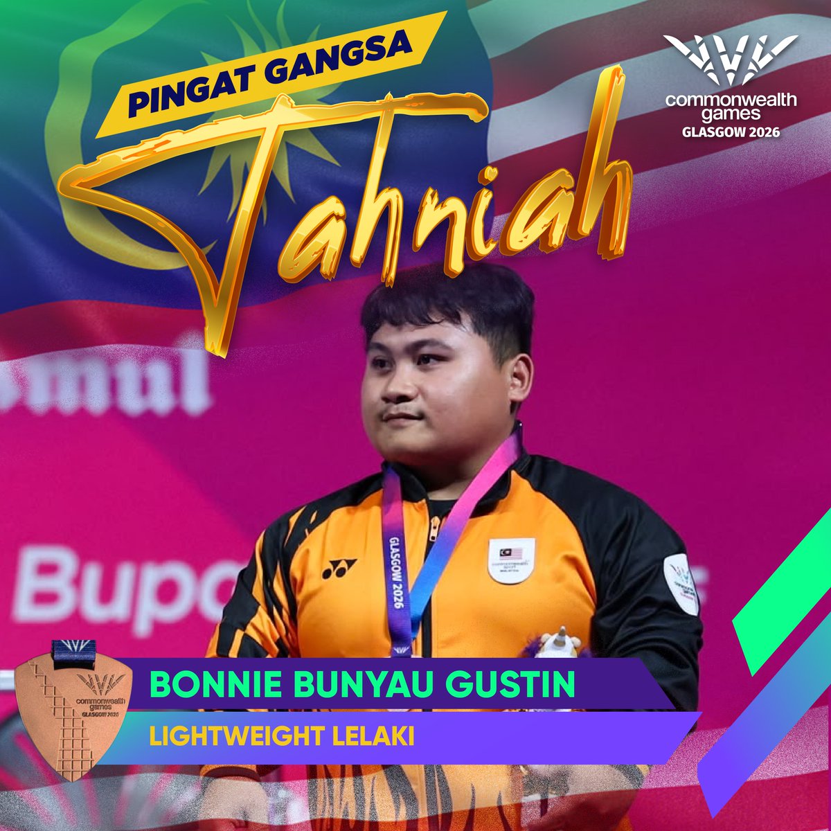 bernamadotcom's tweet photo. #SukanKomanwelGlasgow2026: Jaguh para powerlifting negara Bonnie Bunyau Gustin hadiah pingat pertama kontinjen Malaysia, raih gangsa kategori lightweight lelaki
#BernamaNews
#InfografikBernama
#BonnieBunyau
#gangsa
#lightweightlelaki https://t.co/fjqDEZO32b