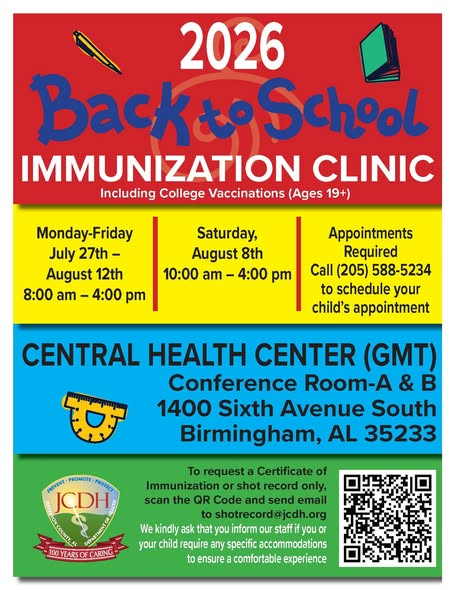 jcdhtweets's tweet photo. JCDH's Back-to-School Immunization Clinic officially begins Monday, July 27! Make your appointment today by calling 205-588-5234.

Clinic Details: 
🍎 Monday-Friday, July 27-August 12 | 8 AM-4 PM
🍎 Saturday, August 8 | 10 AM-4 PM
🍎1400 6th Ave S, Birmingham, AL https://t.co/VPnBFgQ1ZL