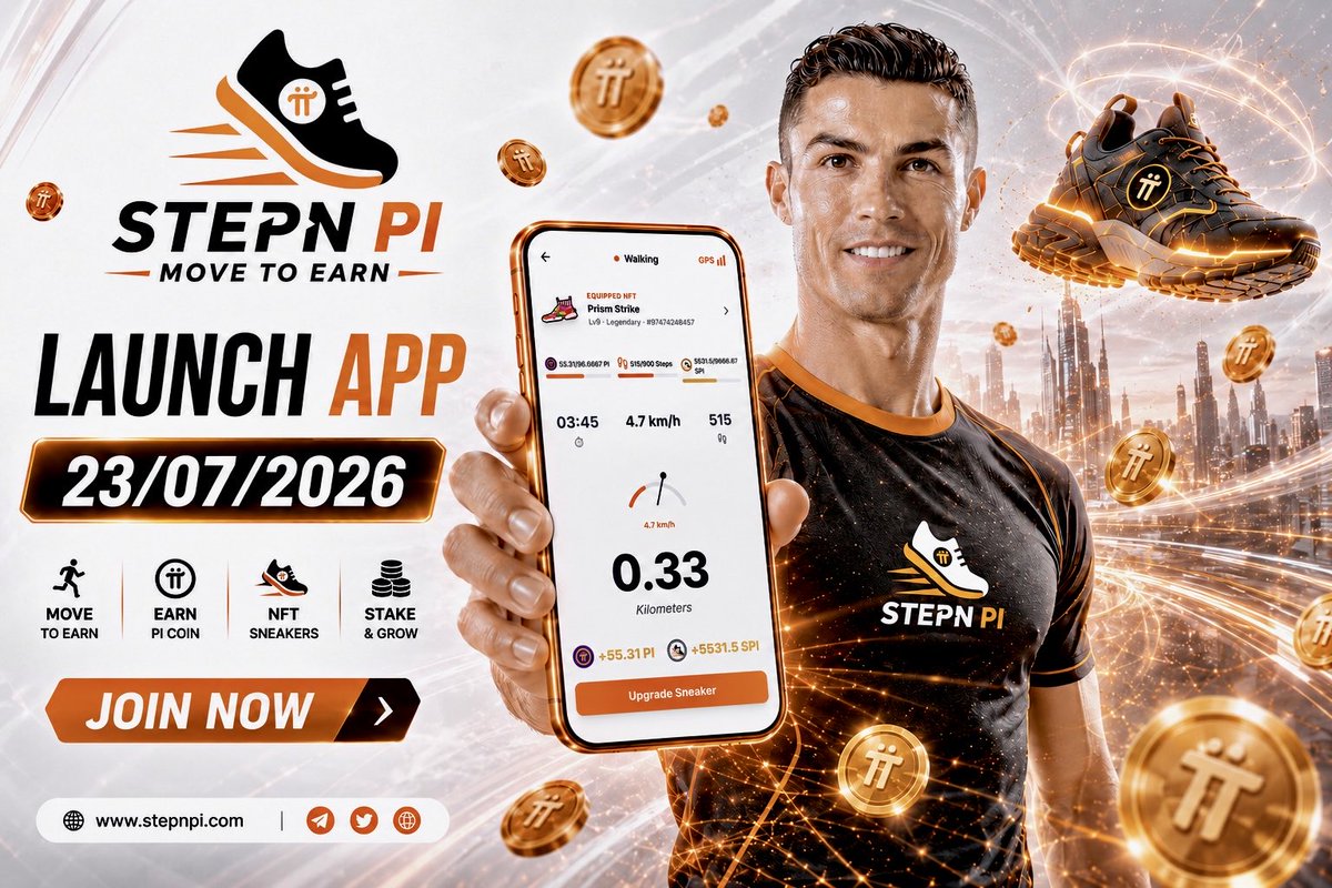 STEPN_PI_APP's tweet photo. 👟@STEPN_PI⚡️Official Launch – July 23, 2026🚀 Walk. Earn PI. Own NFT Sneakers🔥
📲Join App Now! 👉 https://t.co/pXp2rzOwWM

🎁Airdrop FREE 1 NFT Sneakers for all pioneer Pi Network 👟 

Every step you take is more than a workout—it's a step toward a healthier lifestyle and a stronger Pi Network-powered future.

🌟 Your journey starts today.
👟 Walk. Run. Stay Active.
🪙 Earn Pi with every step.
🤝 Connect with Pioneers worldwide.
🚀 Together, we're building the future of Move-to-Earn.

#STEPNPI #MoveToEarn #Web3 #NFT #Crypto #GameFi #PiNetwork