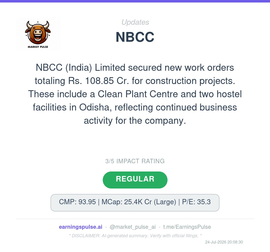 market_pulse_ai's tweet photo. 🚨 #NBCC — Order Win · Rs. 108.85 Cr
NBCC secures Rs. 108.85 Cr. in new construction orders.
#OrderWin #StockMarket https://t.co/z5VfEHmuan