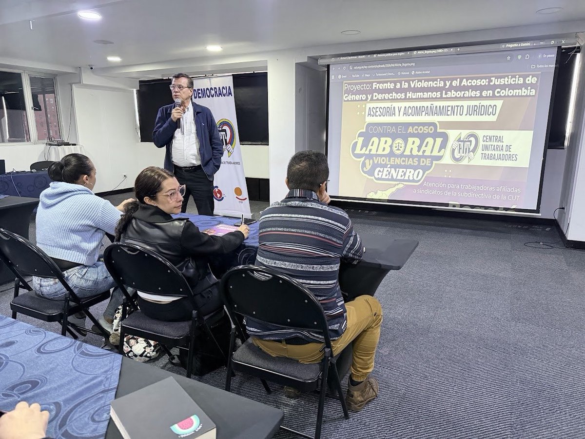 cutcolombia's tweet photo. En el marco del seminario "Frente a la violencia y el acoso: justicia de género y derechos humanos laborales en Colombia", el presidente de la CUT, @fabioariascut, compartió las conclusiones del Comité Ejecutivo Nacional: defensa de la unidad del movimiento sindical, rechazo a las posturas de Abelardo de la Espriella que buscan debilitar los derechos de los trabajadores y llamado a fortalecer la movilización social. #CUTColombia