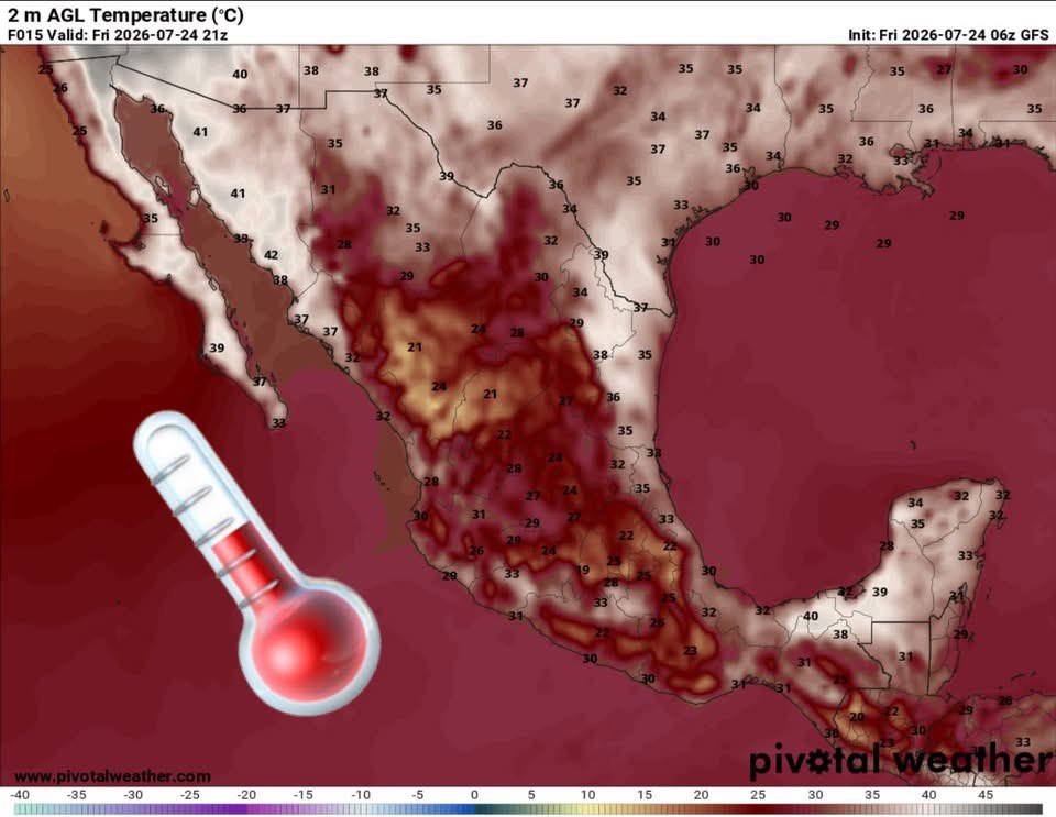 InfoMeteoro's tweet photo. ✅PRONÓSTICO VIERNES 24/JUL/2026 

“Monzón activo con remanentes de Bertha y humedad del Pacífico generando lluvias; calor de verano seguirá…” 

⛈️LLUVIAS Y TORMENTAS C/GRANIZO

🔴EVENTOS MÁS INTENSOS🔴
-Sin, Nay

🟡EVENTOS AISLADOS FUERTES
-Son, Chih, BCS, Coah, NL, Dgo, Zac, Jal, Col, Mich, Gro, EdoMex, CDMX, Mor, Gro, Oax, Ver, Tab, Chis, Tab, QRoo, Yuc, Camp y región Huasteca

🌡️AMBIENTE DIURNO☀️
♨️🔥 >45ºC norte de BC-Son
🔥41-45ºC BC, BCS, Son, Sin, NL, Tamps, Nay, Mich, Tab, Camp, Yuc
🥵36-40ºC noroeste, norte, noreste, sureste
🥵26-35ºC Pacífico sur, oriente, Bajío, Occidente, Centro

⚠️🌬️RÁFAGAS DE VIENTO km/h
35-60 estados del norte, centro, sureste, siendo mayores en zonas de tormenta