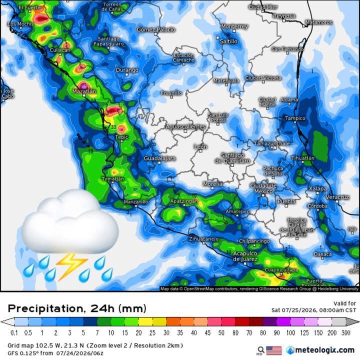 InfoMeteoro's tweet photo. ✅PRONÓSTICO VIERNES 24/JUL/2026 

“Monzón activo con remanentes de Bertha y humedad del Pacífico generando lluvias; calor de verano seguirá…” 

⛈️LLUVIAS Y TORMENTAS C/GRANIZO

🔴EVENTOS MÁS INTENSOS🔴
-Sin, Nay

🟡EVENTOS AISLADOS FUERTES
-Son, Chih, BCS, Coah, NL, Dgo, Zac, Jal, Col, Mich, Gro, EdoMex, CDMX, Mor, Gro, Oax, Ver, Tab, Chis, Tab, QRoo, Yuc, Camp y región Huasteca

🌡️AMBIENTE DIURNO☀️
♨️🔥 >45ºC norte de BC-Son
🔥41-45ºC BC, BCS, Son, Sin, NL, Tamps, Nay, Mich, Tab, Camp, Yuc
🥵36-40ºC noroeste, norte, noreste, sureste
🥵26-35ºC Pacífico sur, oriente, Bajío, Occidente, Centro

⚠️🌬️RÁFAGAS DE VIENTO km/h
35-60 estados del norte, centro, sureste, siendo mayores en zonas de tormenta